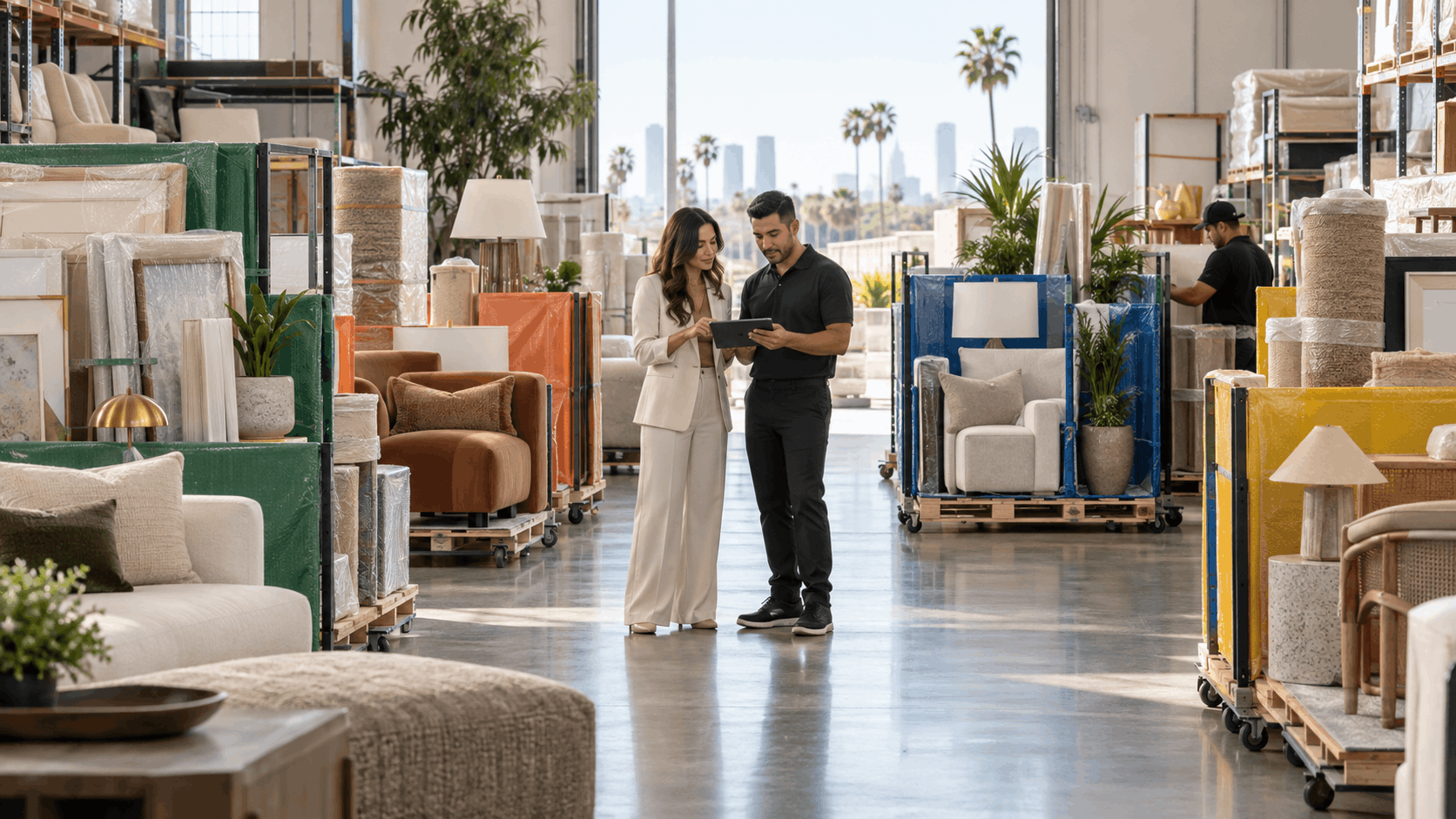 Interior designer and Popeye Moving staff reviewing tablet in Los Angeles furniture storage warehouse