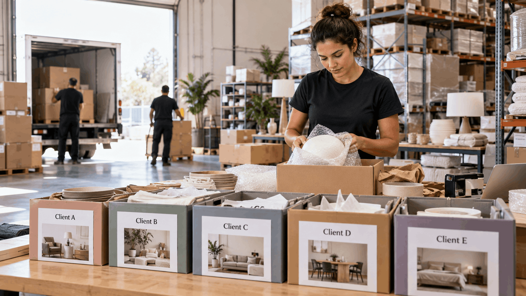 Interior designer packing client decor orders in organized warehouse storage facility