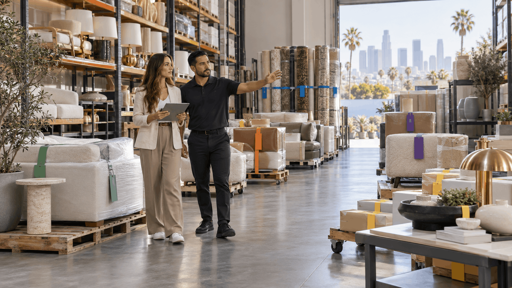 Two professionals reviewing inventory inside a Los Angeles furniture moving and storage warehouse facility