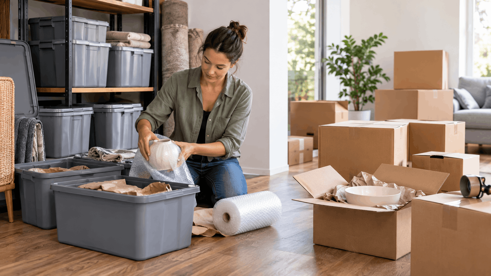 Woman wrapping ceramic vase in bubble wrap while packing moving boxes and storage bins