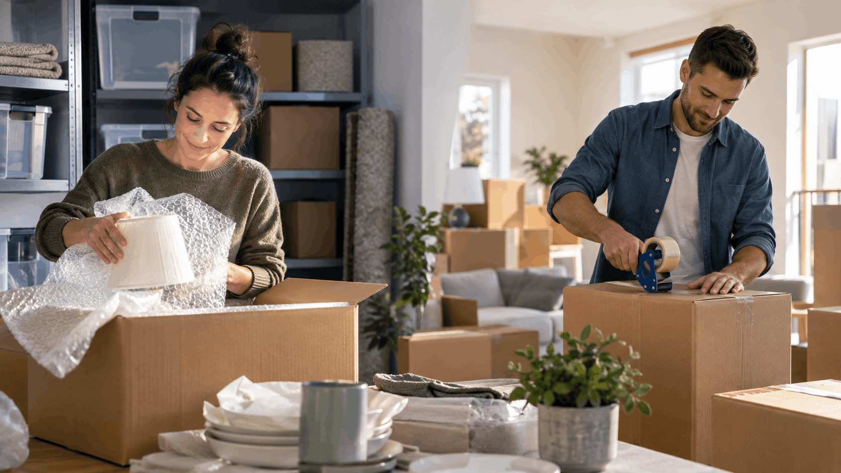 Couple packing household items in cardboard boxes with bubble wrap for moving