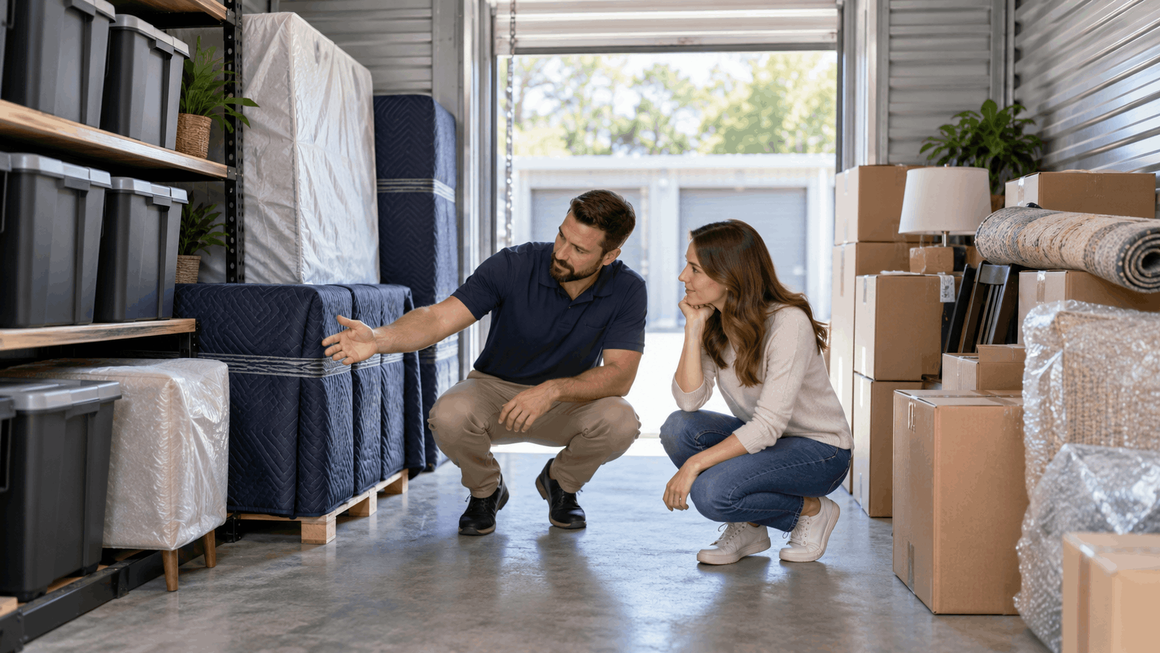Couple crouching inside storage unit examining furniture wrapped in moving blankets