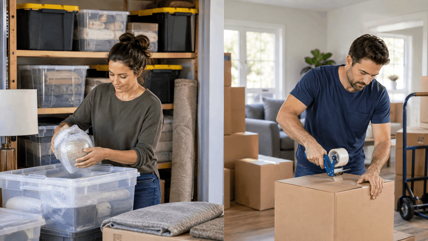 Woman packing bubble wrap in storage unit beside man taping moving boxes