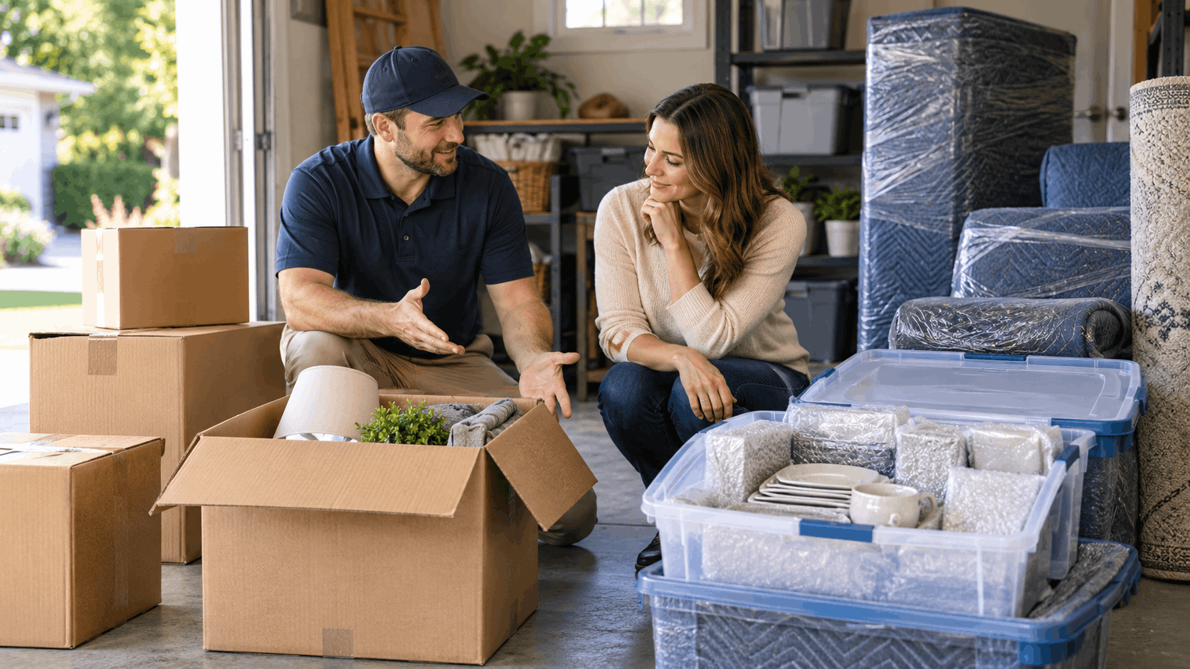 Popeye Moving professional consulting with customer over packed boxes and storage containers in garage
