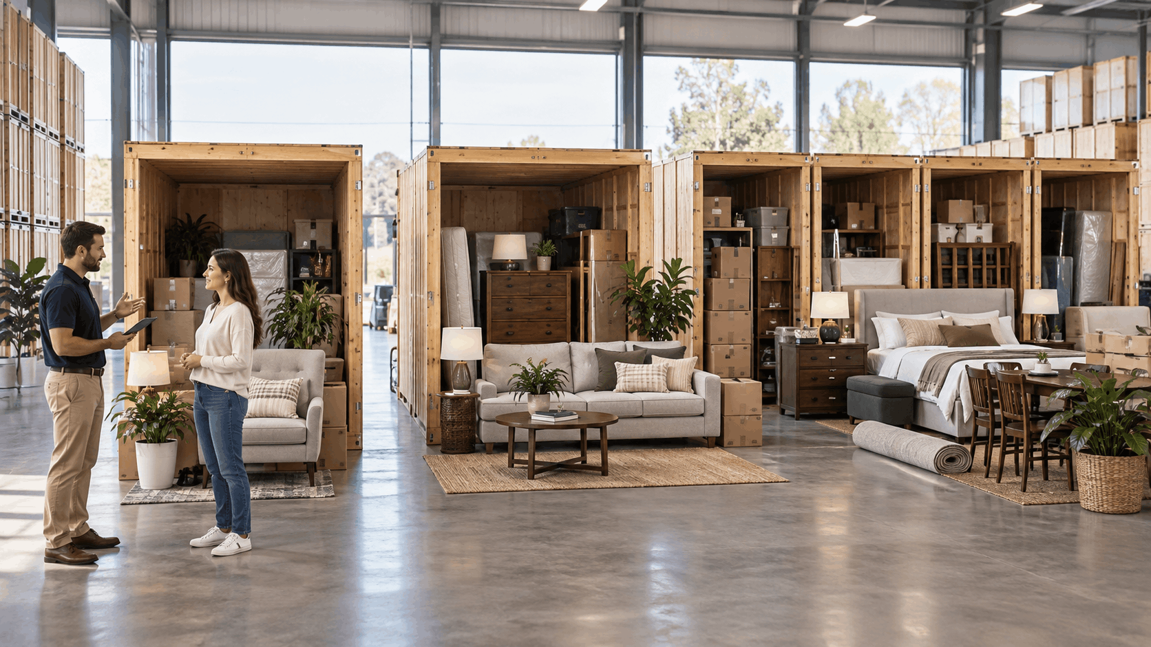 Moving consultant showing client furniture stored in wooden storage vaults warehouse Los Angeles