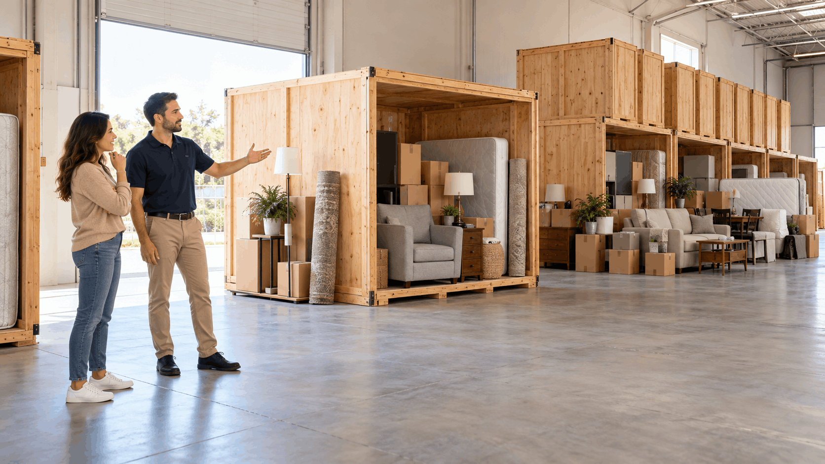 Moving consultant showing client wooden storage vaults filled with household furniture and boxes