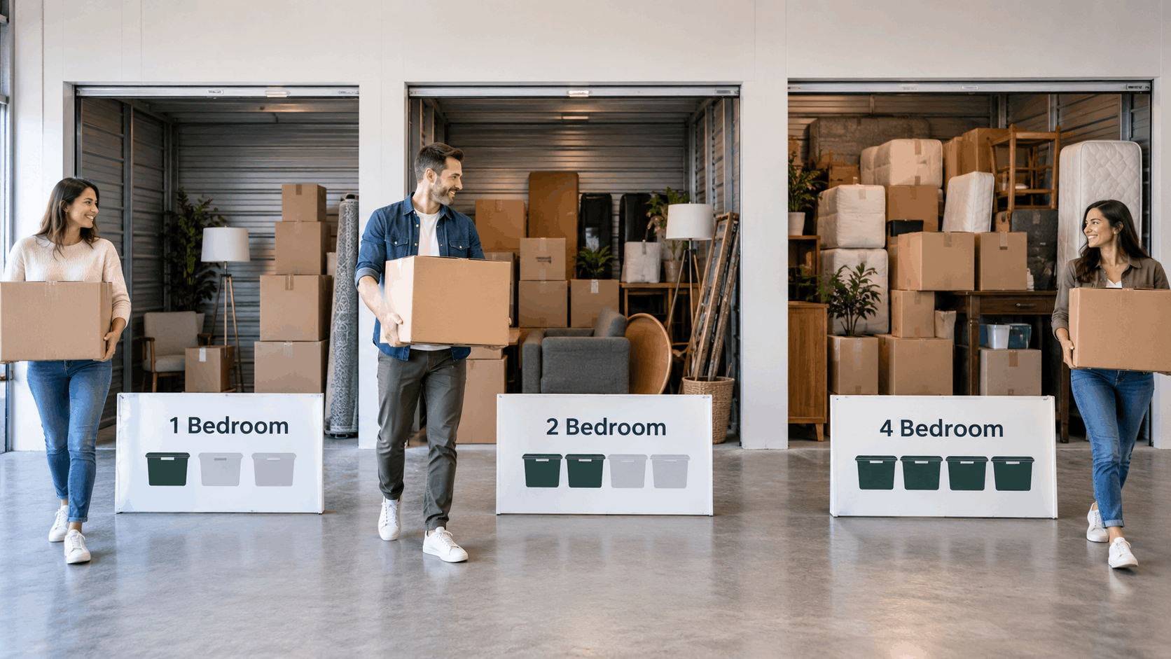 Three people carrying boxes near storage units labeled 1, 2, and 4 bedroom