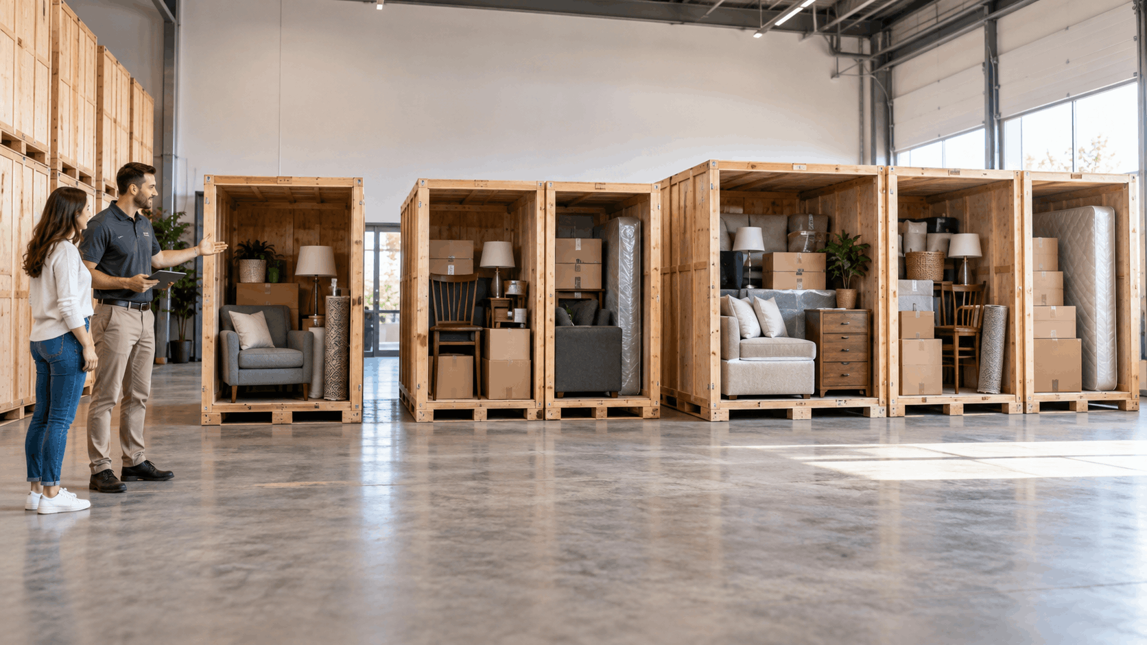 Moving consultant showing client wooden vault storage units containing furniture and boxes