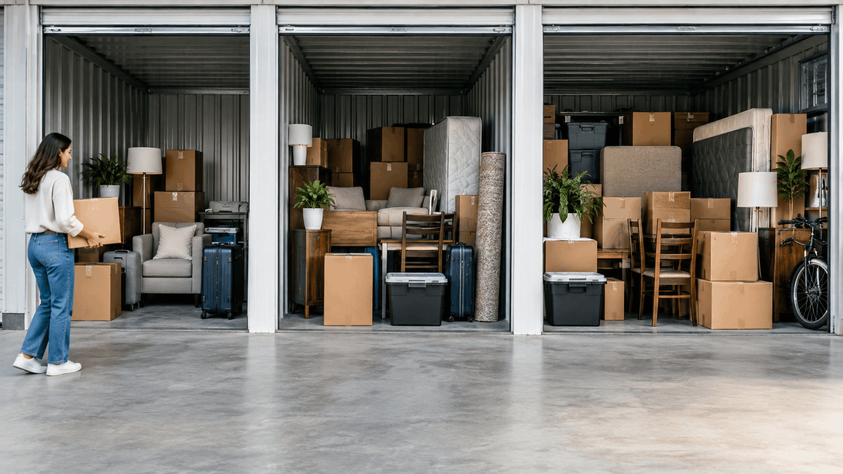 Woman loading cardboard boxes into packed self-storage units in Los Angeles facility