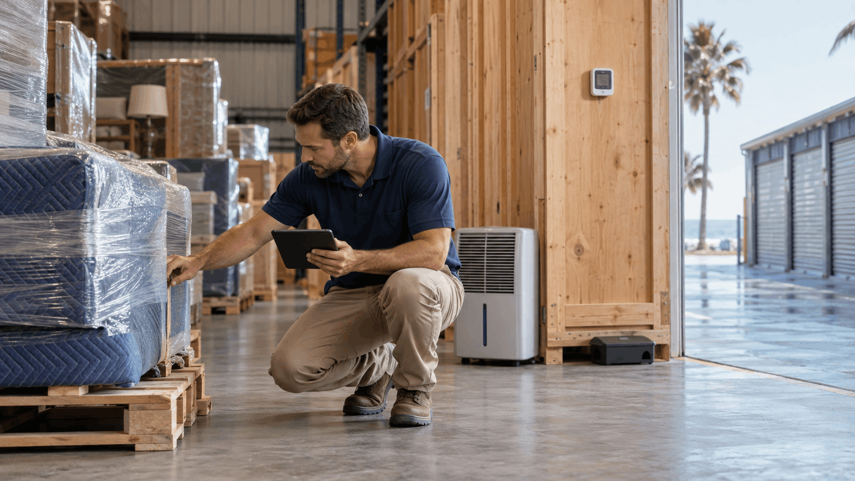 Warehouse worker inspecting wrapped furniture pallets with tablet near dehumidifier