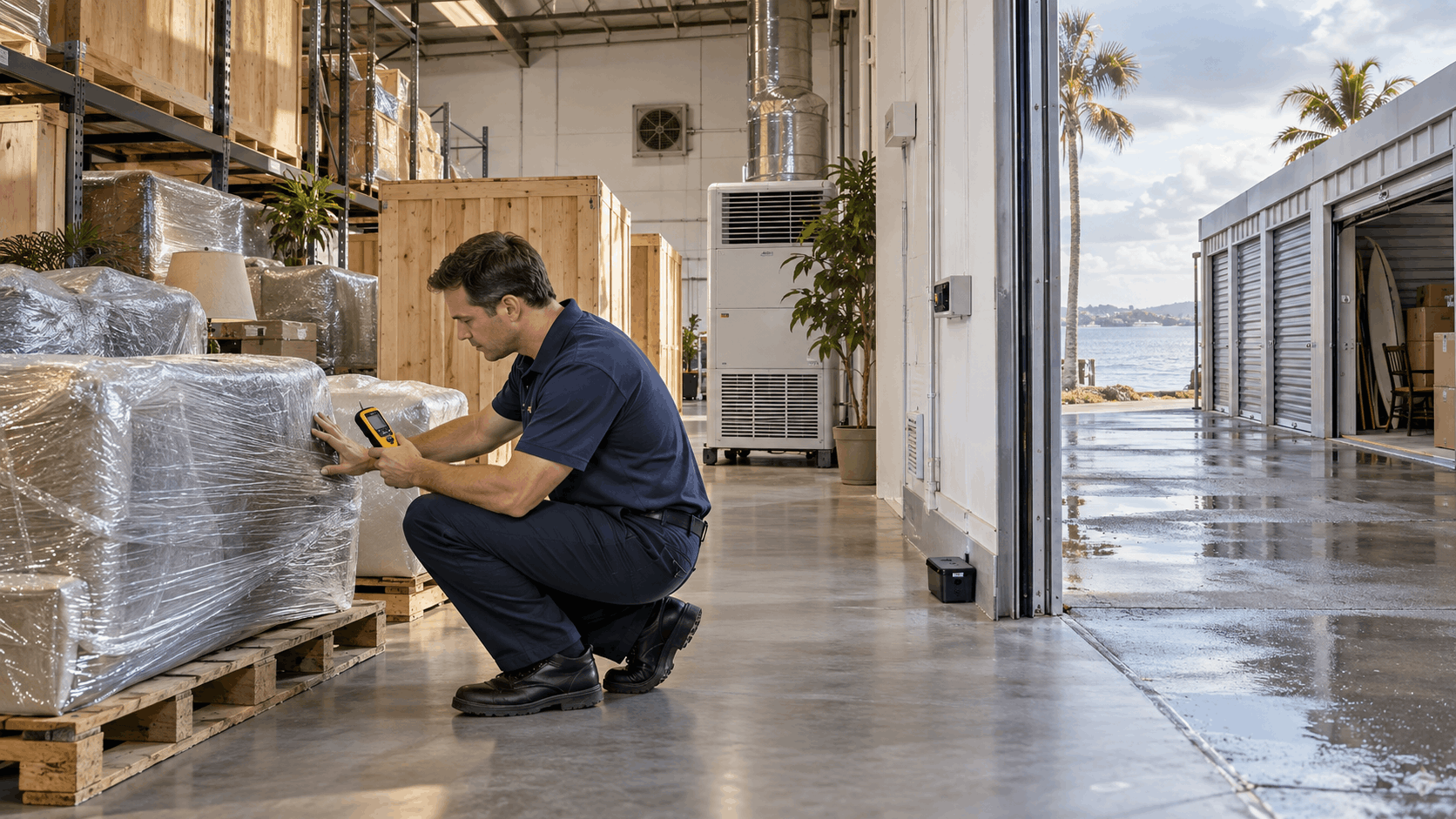 Warehouse worker scanning shrink-wrapped furniture pallets near open storage bay