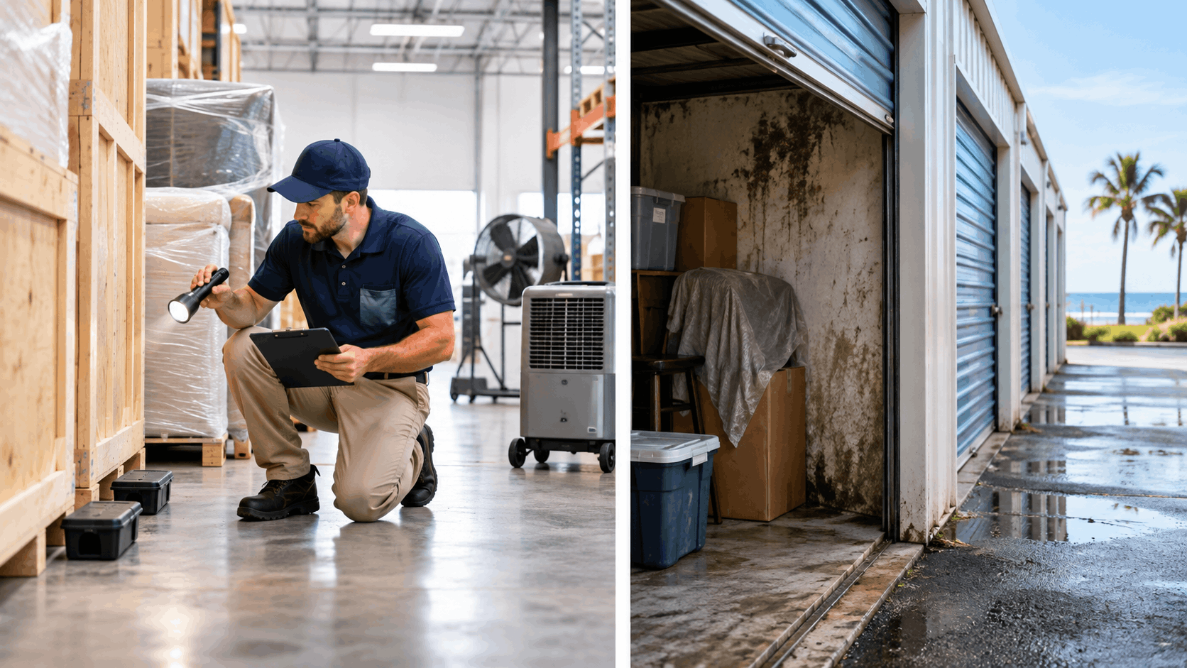 Inspector checking warehouse storage units beside mold-damaged coastal Los Angeles storage facility