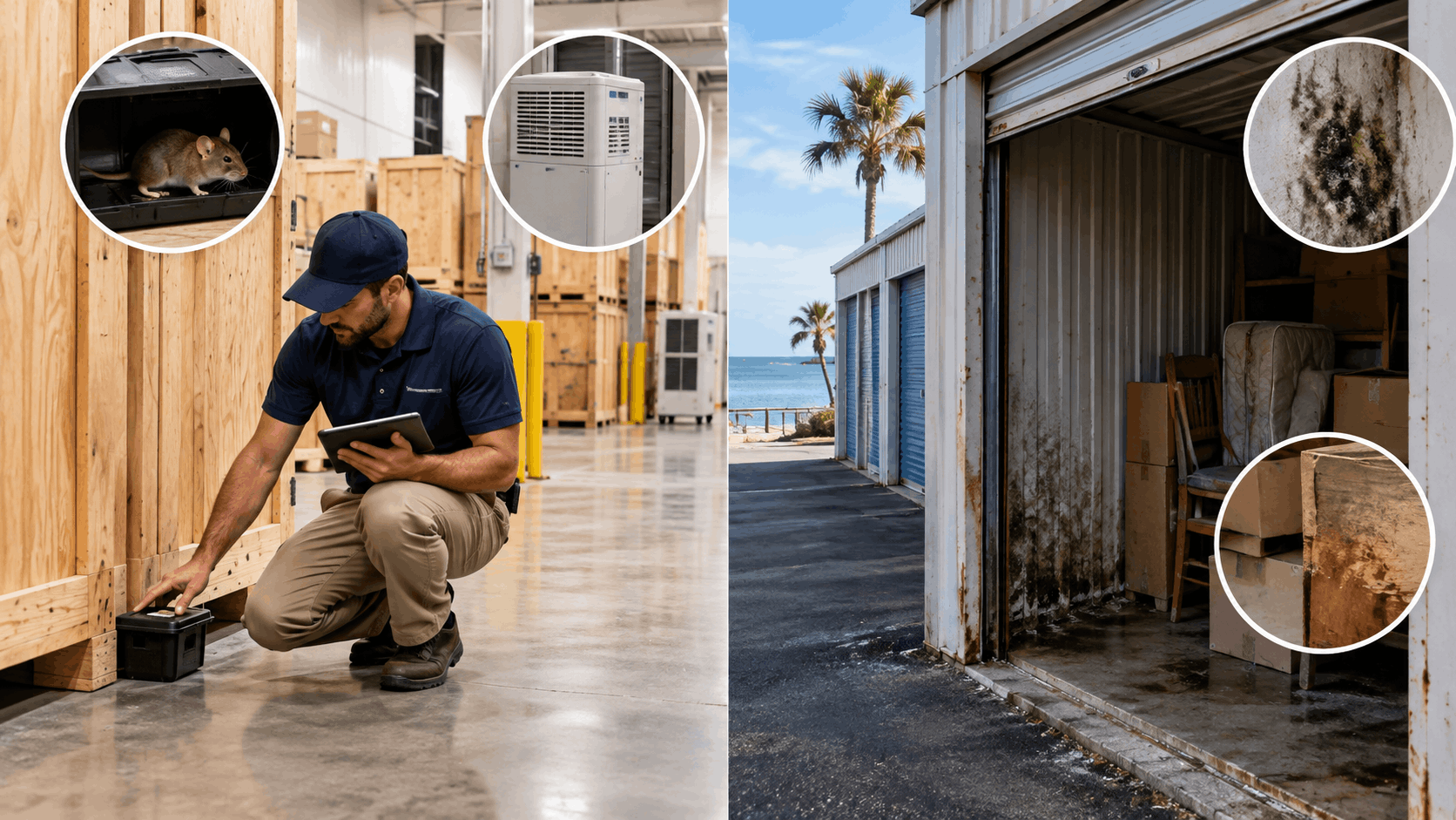 Storage facility inspector checking for pests, mold, and climate control issues in Los Angeles