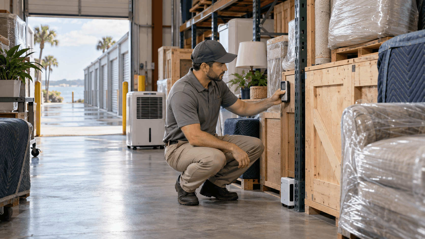 Moving company worker checking humidity sensor on storage shelving unit in Los Angeles warehouse