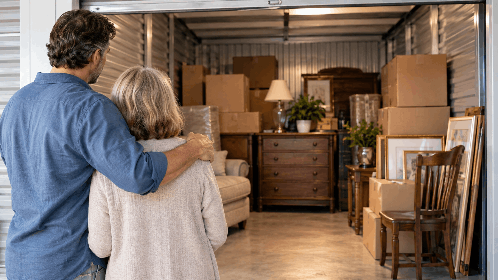 Adult child comforting elderly mother viewing packed storage unit with furniture and boxes