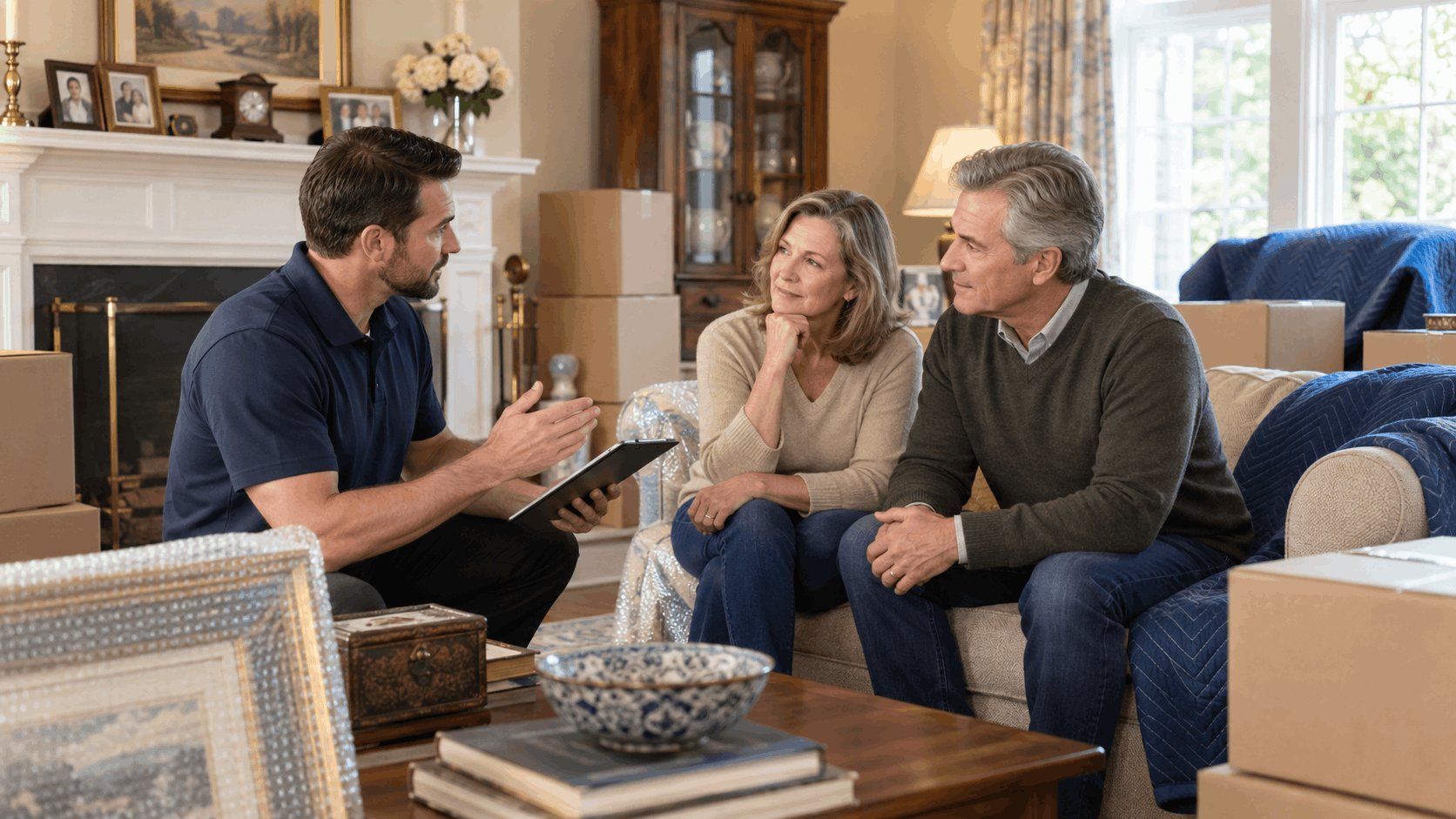Moving consultant reviewing clipboard with older couple surrounded by packed boxes