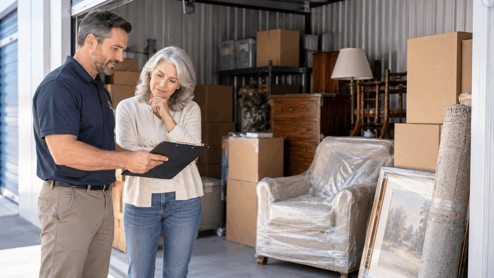 Moving company representative reviewing storage contract with senior woman at storage unit