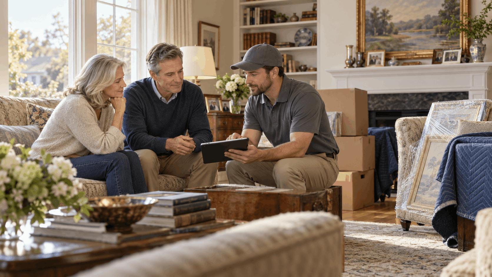 Moving consultant reviewing tablet with senior couple during estate transition planning