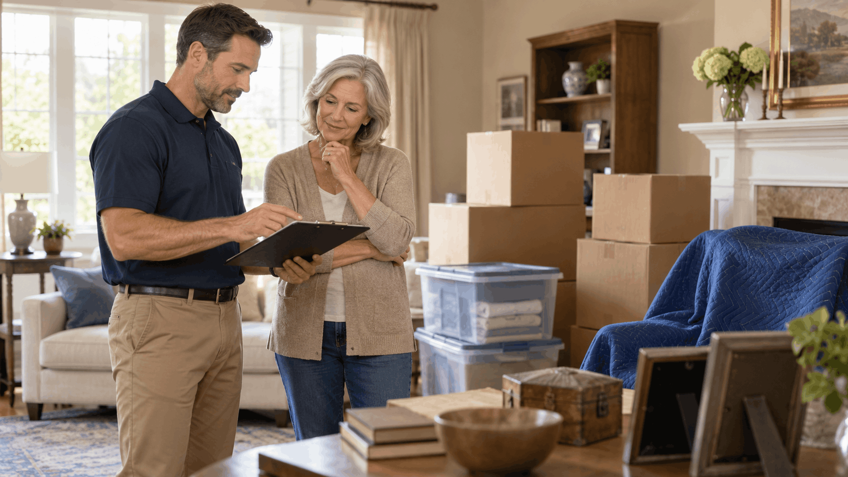 Los Angeles moving consultant reviewing checklist with senior woman amid packed boxes