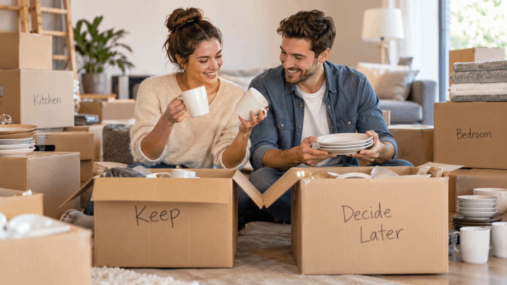 Smiling couple unpacking duplicate kitchen dishes and mugs into labeled moving boxes