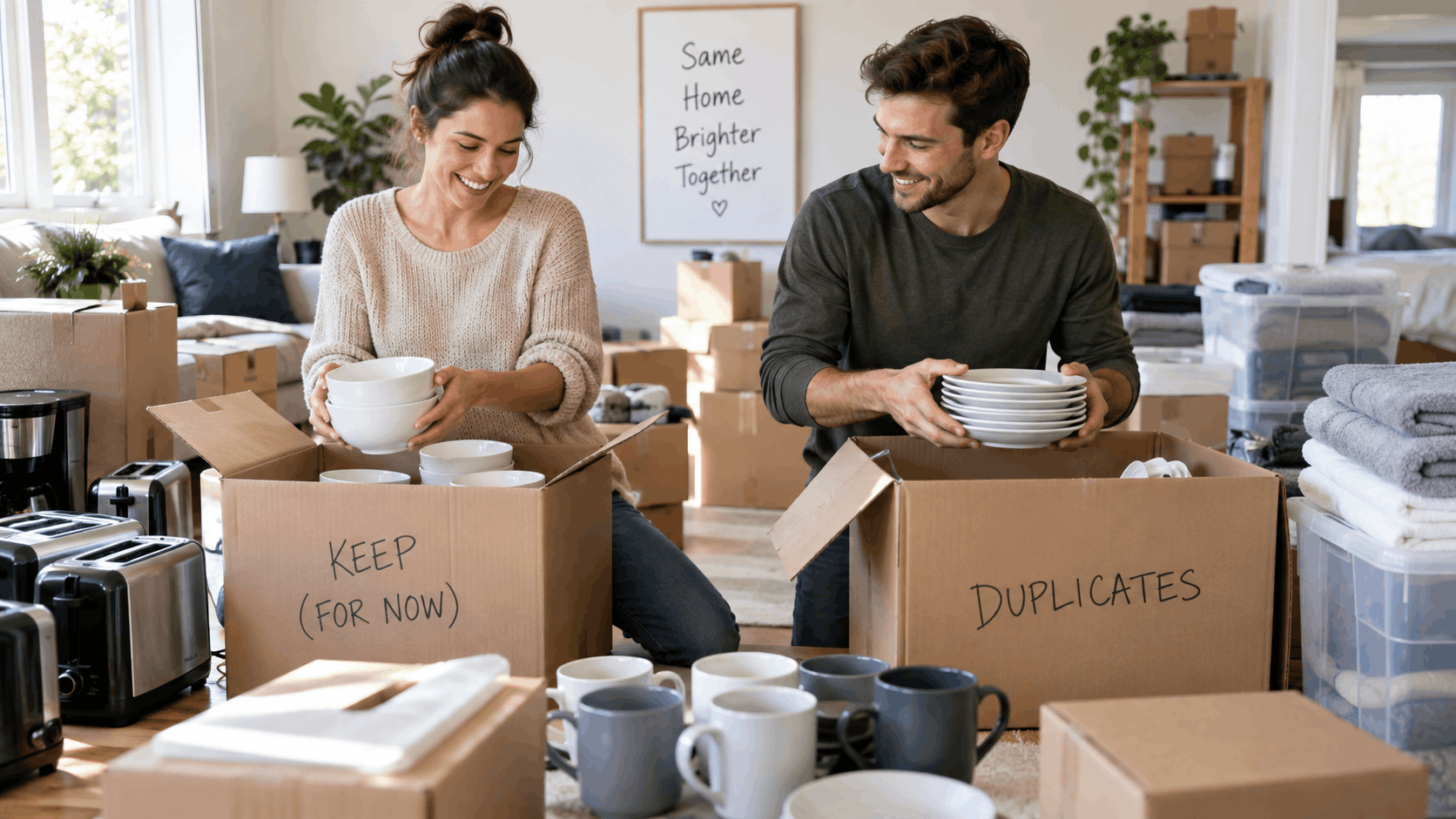 Couple sorting duplicate household items into moving boxes during Los Angeles home consolidation