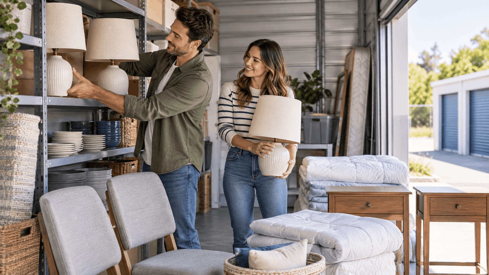 Couple organizing lamps and household items in a Los Angeles self-storage unit