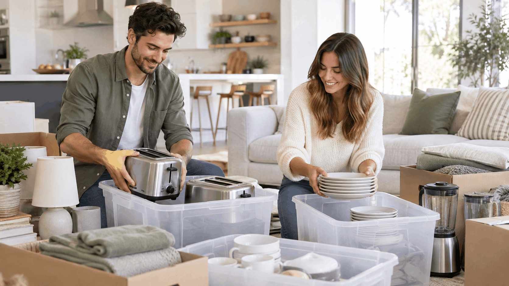 Smiling couple unpacking kitchen appliances and dishes into storage bins while merging households