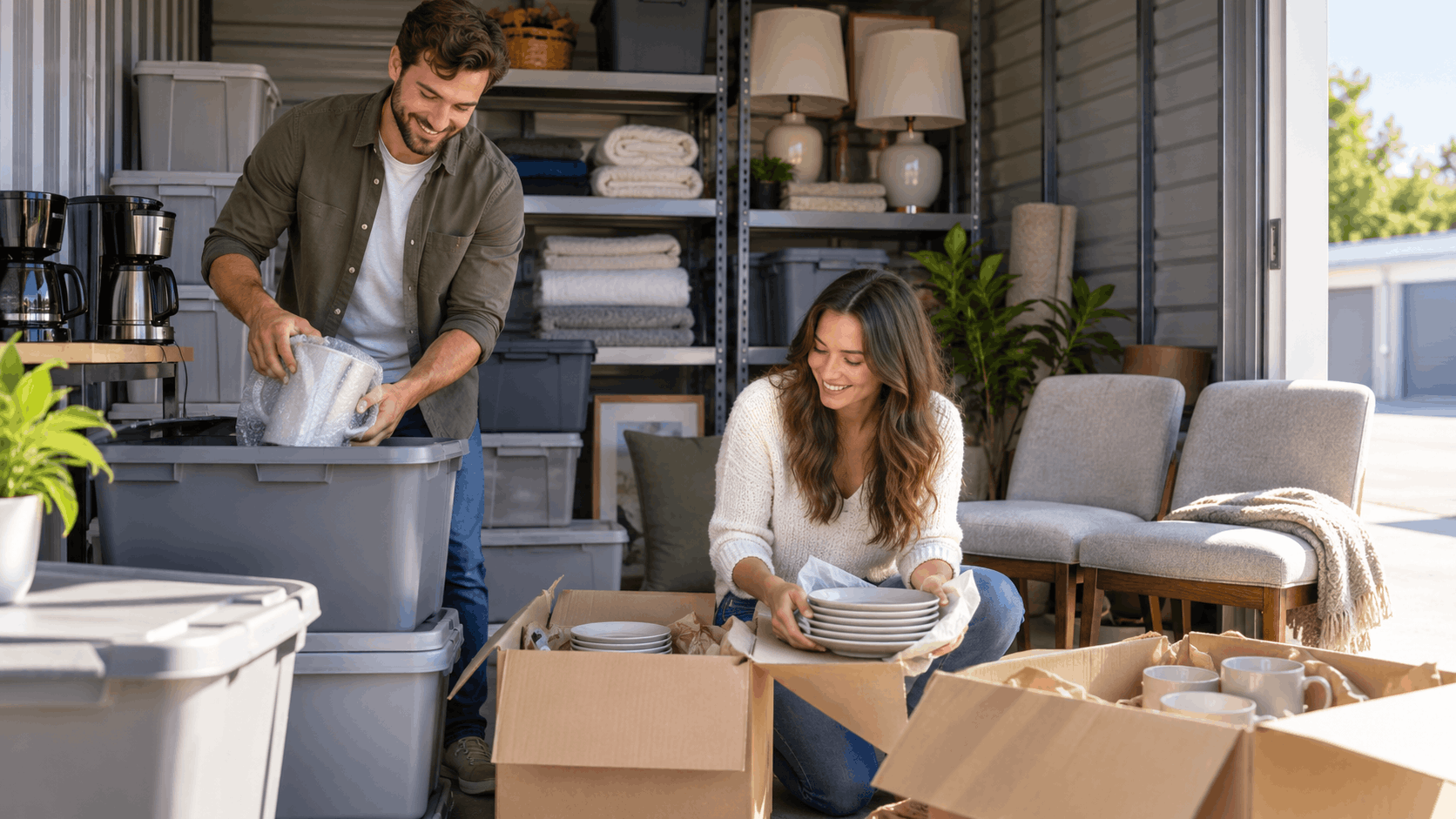 Couple packing dishes and boxes into organized Los Angeles moving storage unit