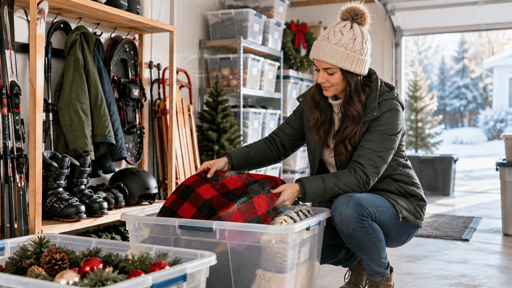 Woman organizing seasonal winter gear and holiday decorations into clear storage bins in garage