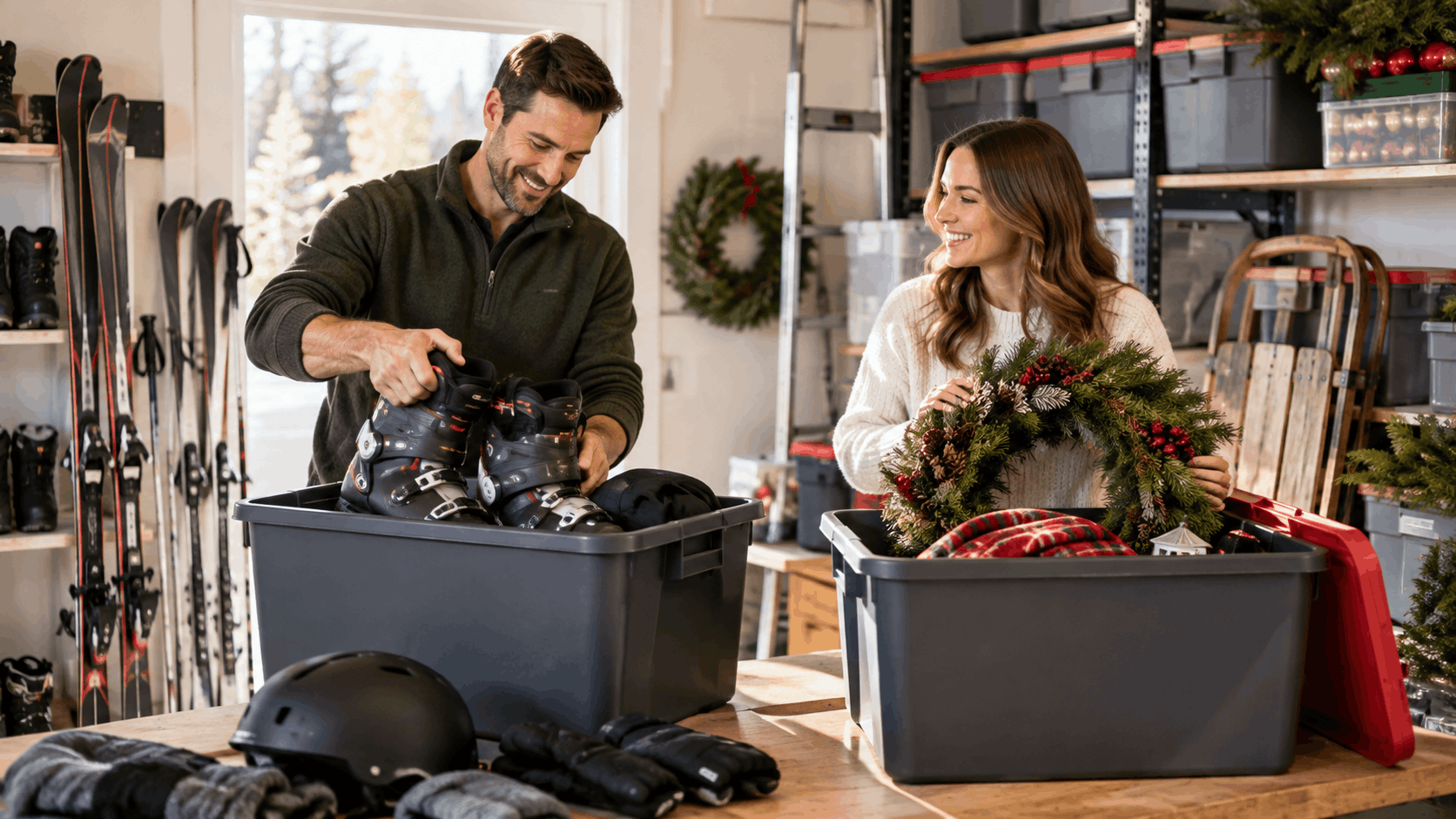 Couple organizing holiday decorations and ski gear into storage bins in garage