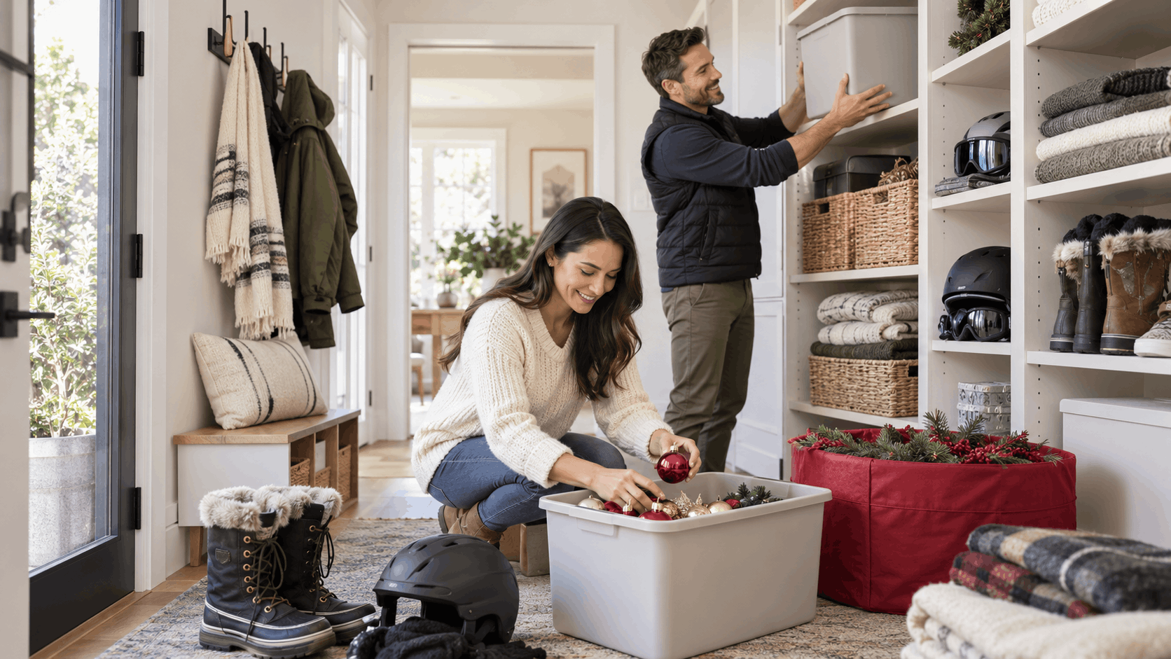 Couple organizing holiday decorations and winter gear in a mudroom storage unit