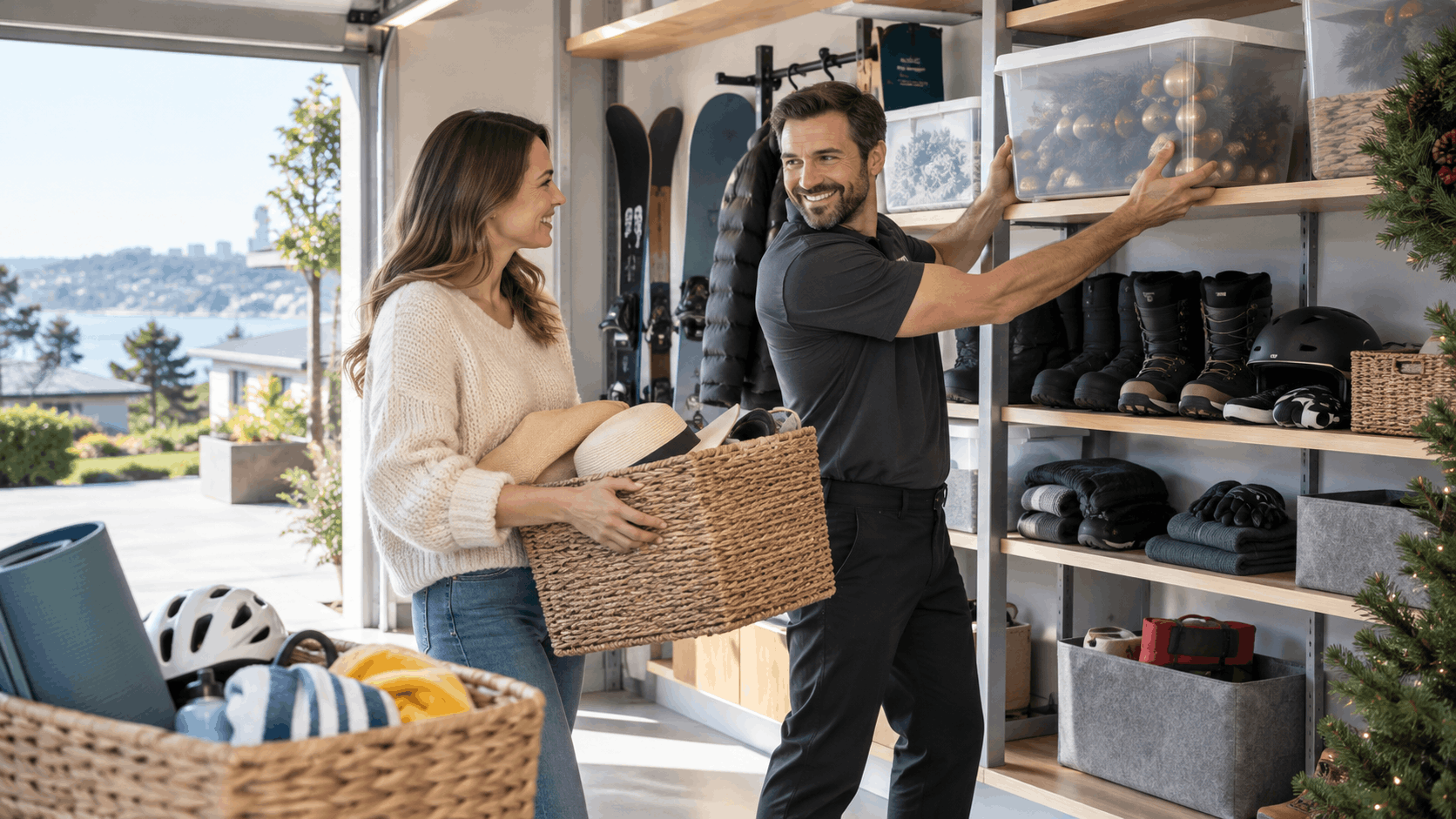 Couple organizing seasonal sports gear and holiday decorations in a garage storage unit