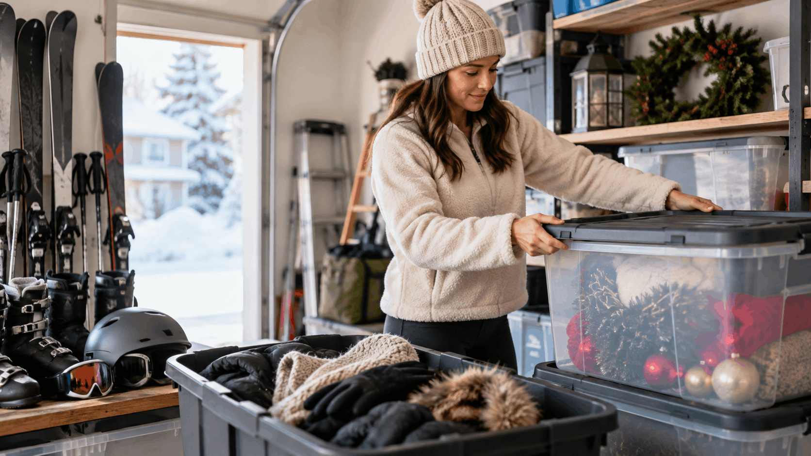 Woman organizing winter gear and holiday decorations in storage bins inside a garage