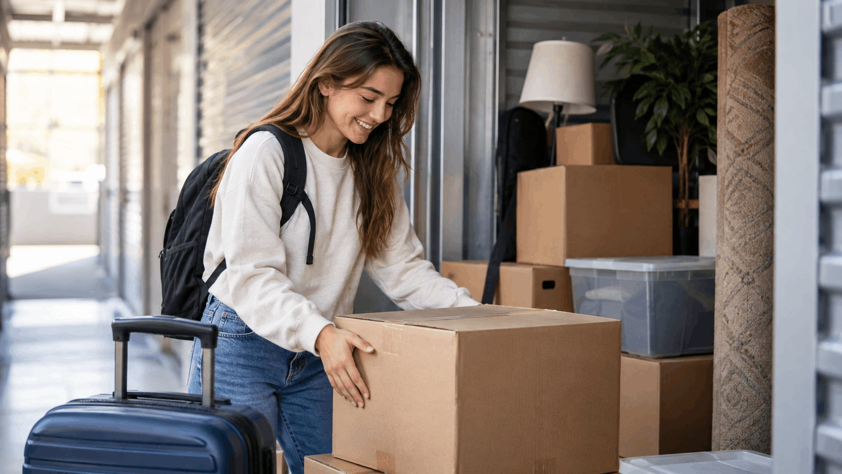 Young smiling student loading cardboard boxes into a self-storage unit in Los Angeles