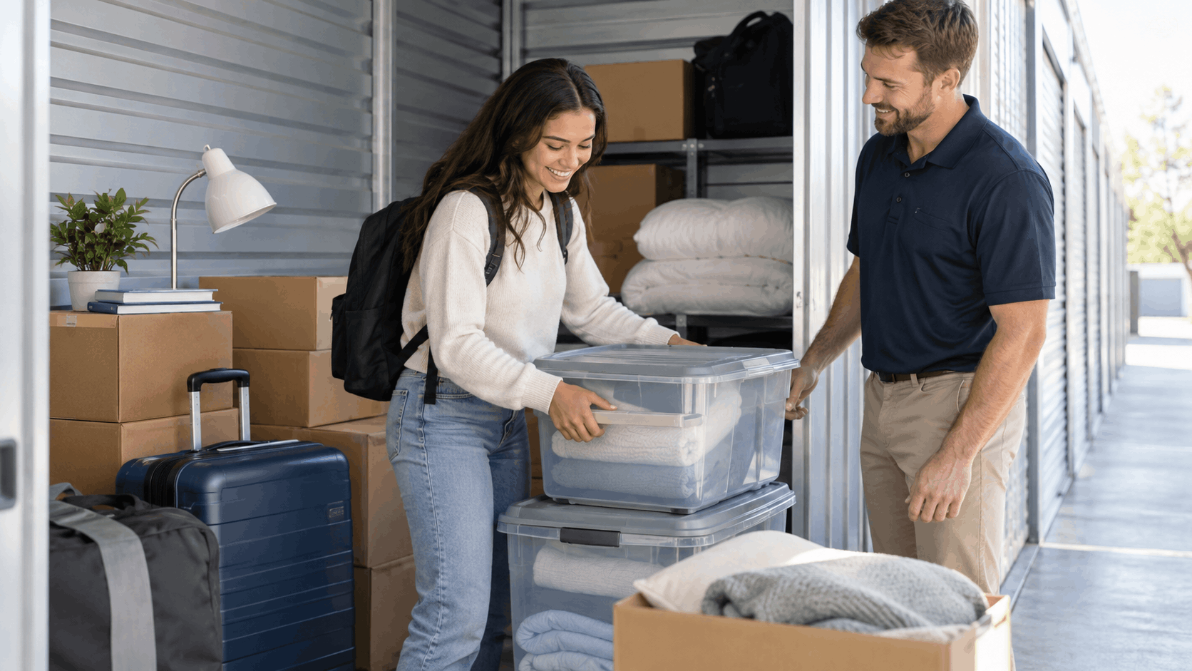 Two people smiling while loading clear storage bins into Los Angeles storage unit