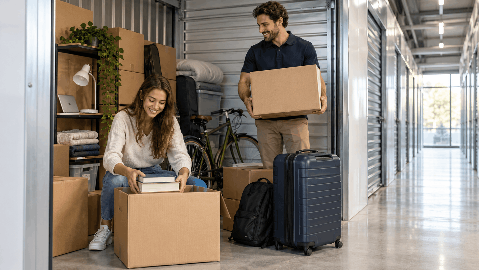 Couple organizing boxes and belongings inside a self-storage unit facility