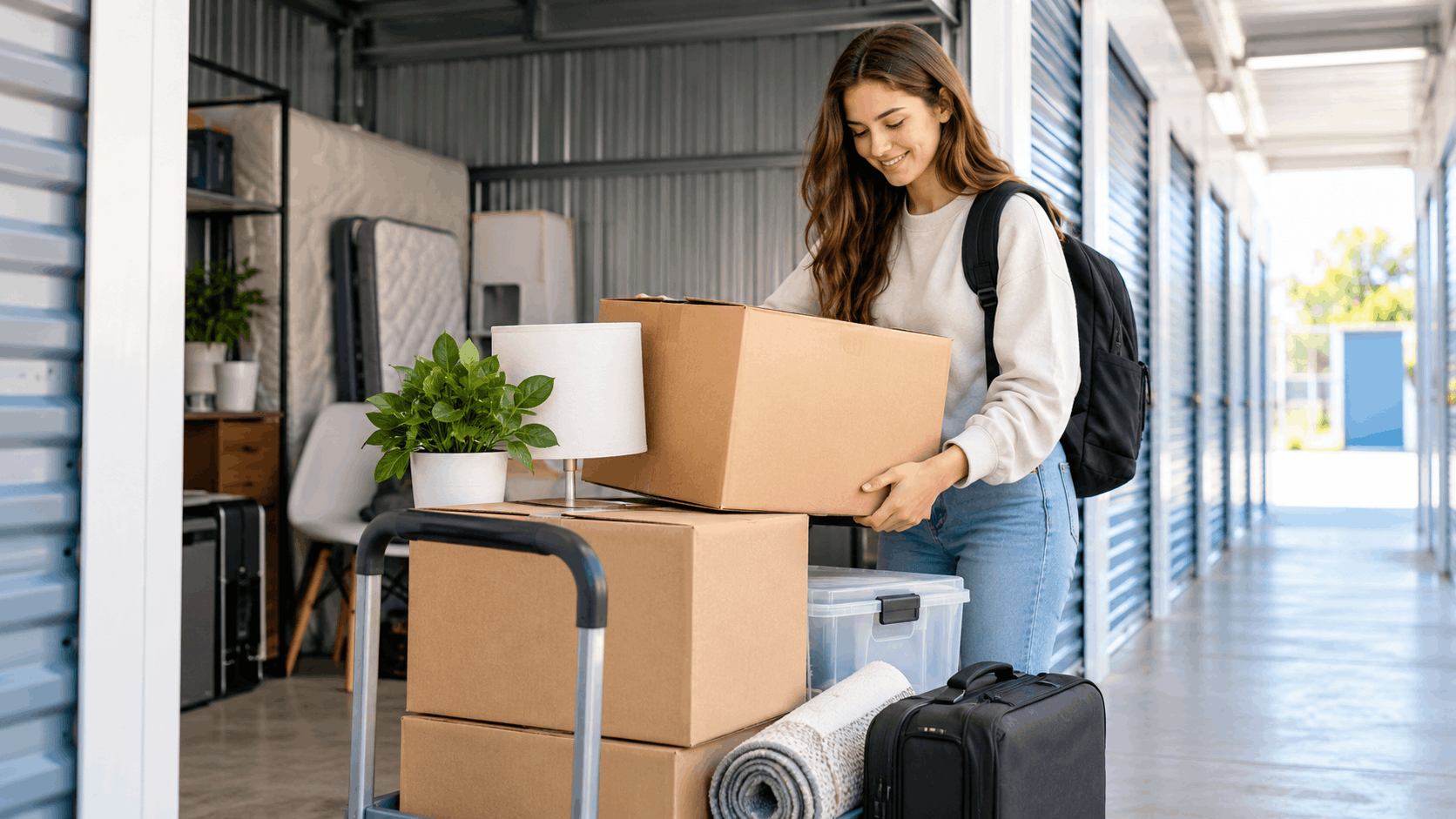 Young woman loading cardboard boxes onto cart at Los Angeles self-storage facility