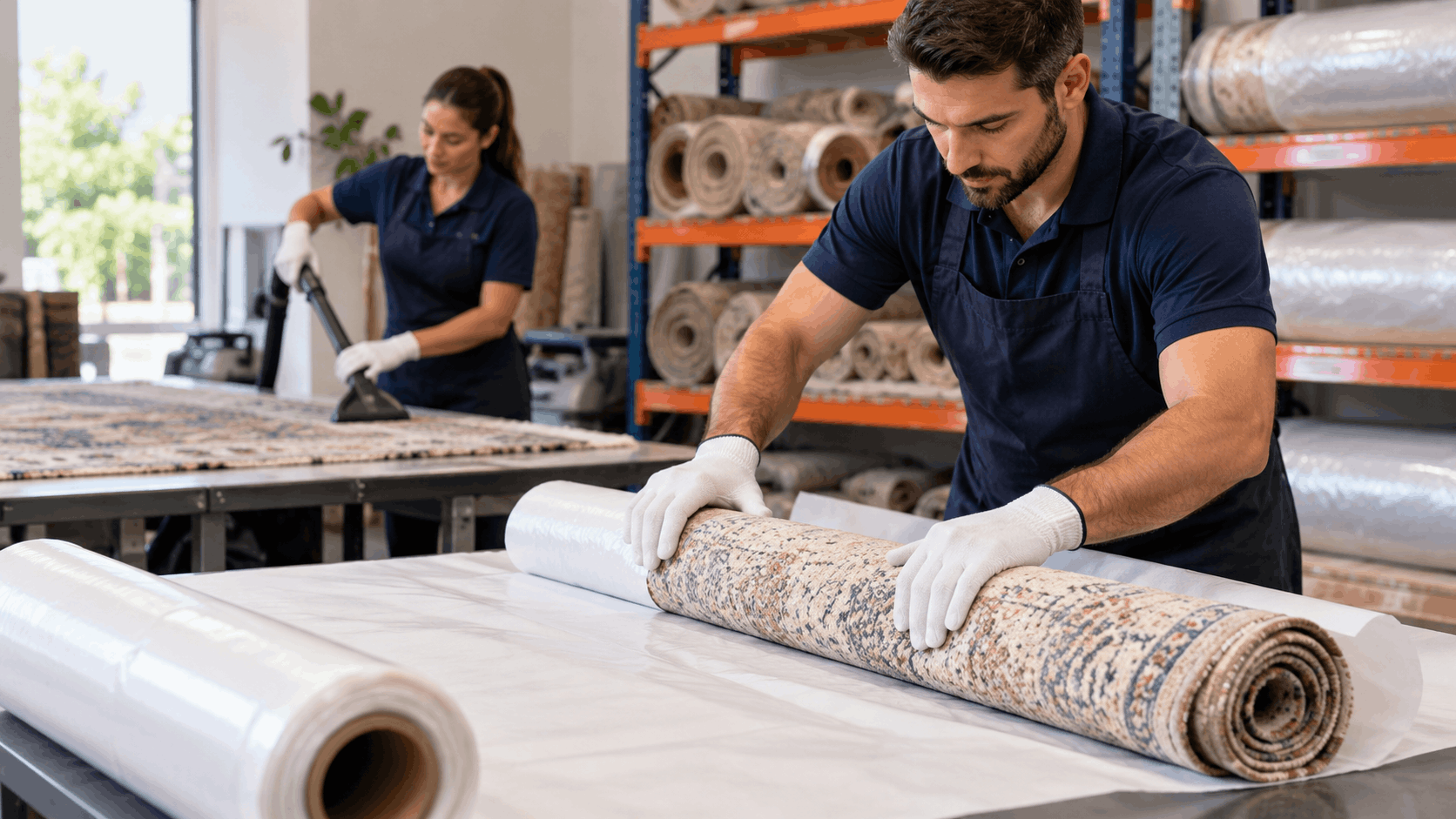 Professional rug storage workers wrapping rolled patterned rugs in protective plastic wrap