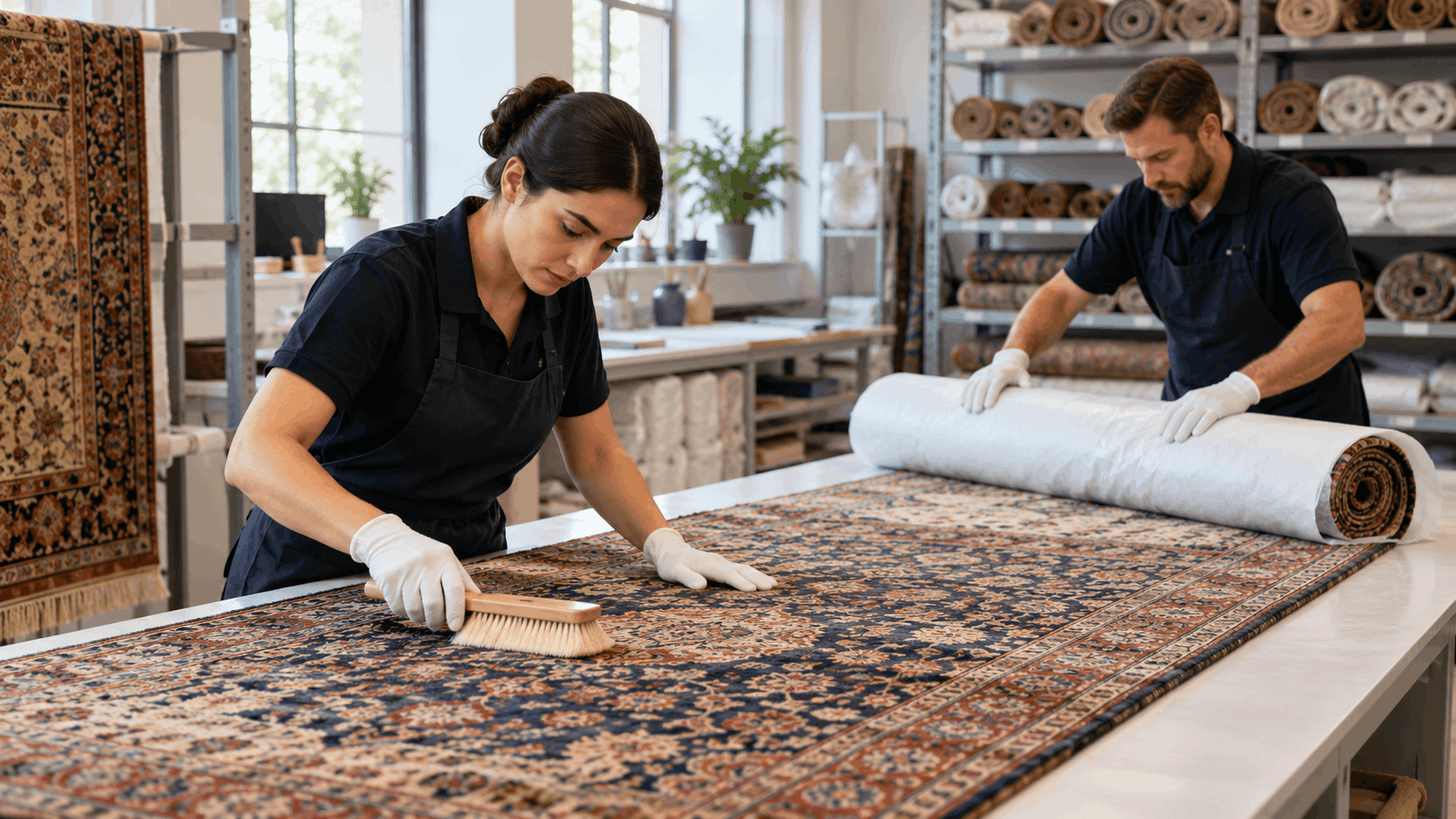 Two professionals carefully cleaning and rolling an ornate Persian rug for storage