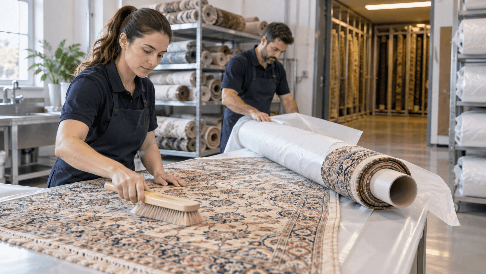 Professional rug cleaning staff brushing and wrapping rolled Persian rug in Los Angeles facility