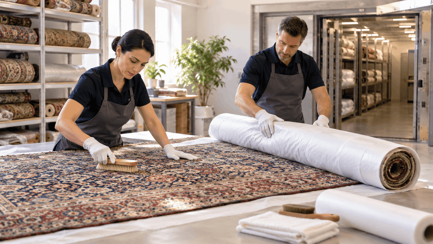 Two professionals carefully unrolling and brushing an ornate Persian rug in storage facility