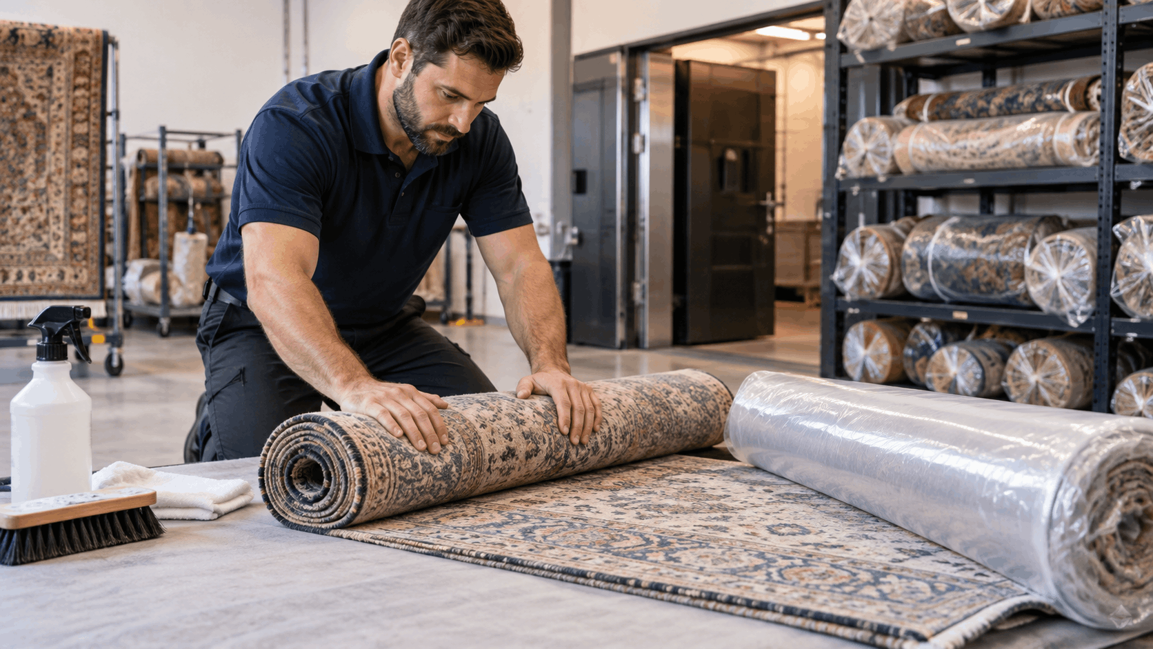 Professional mover rolling an oriental rug for storage at Los Angeles moving facility