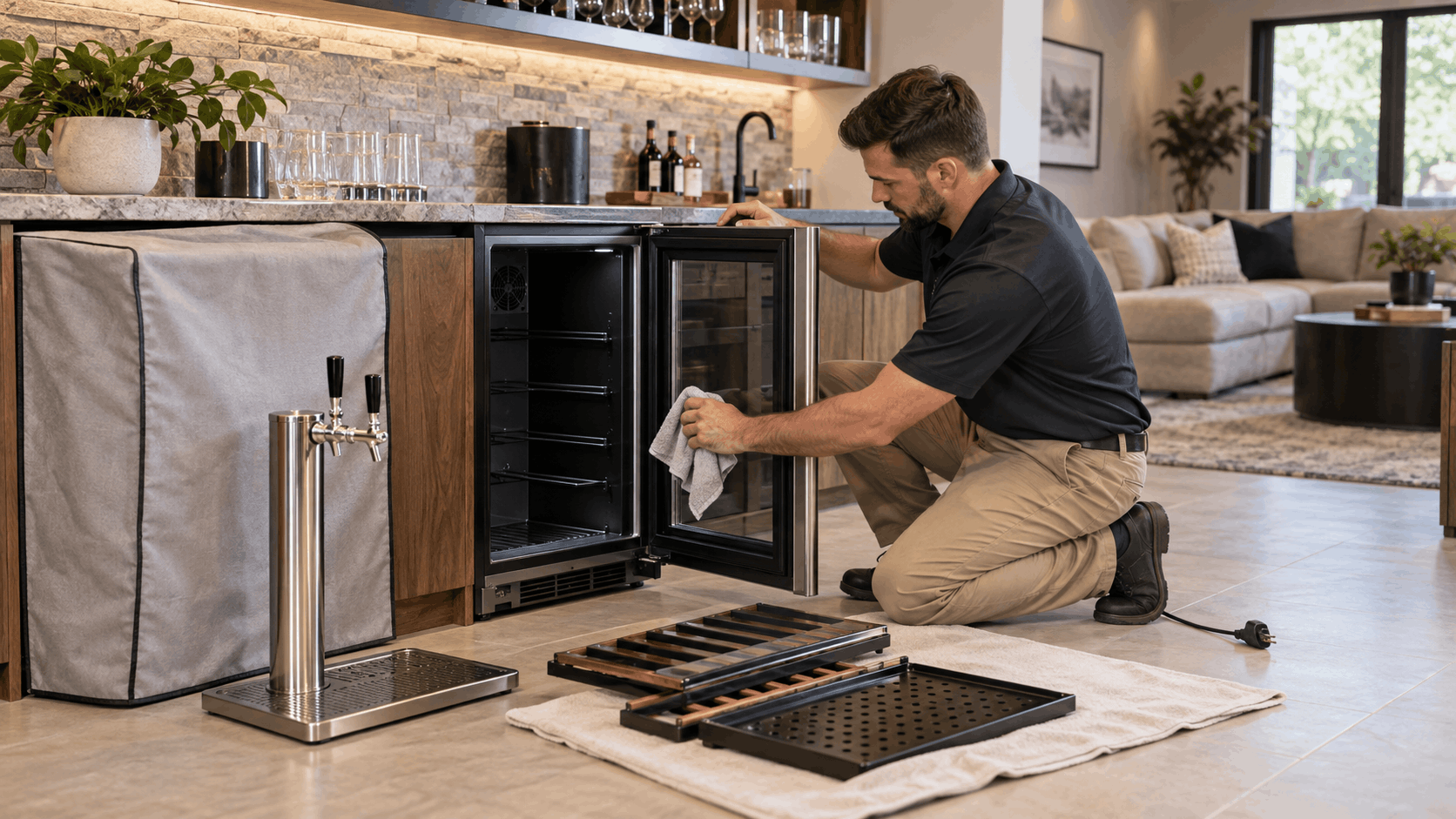 Technician cleaning interior shelves of undercounter beverage refrigerator before storage