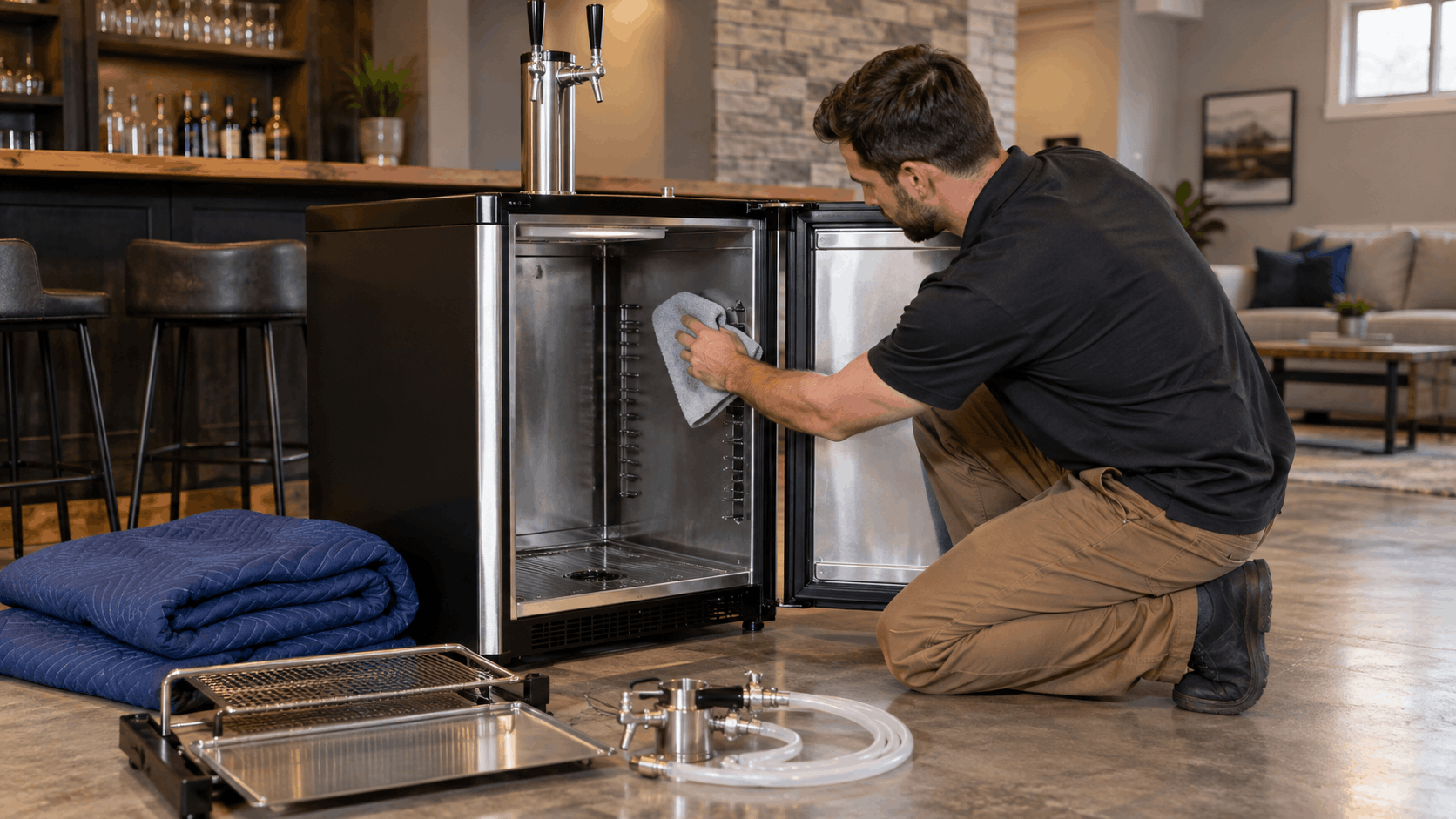 Technician cleaning interior of kegerator with draft beer taps above