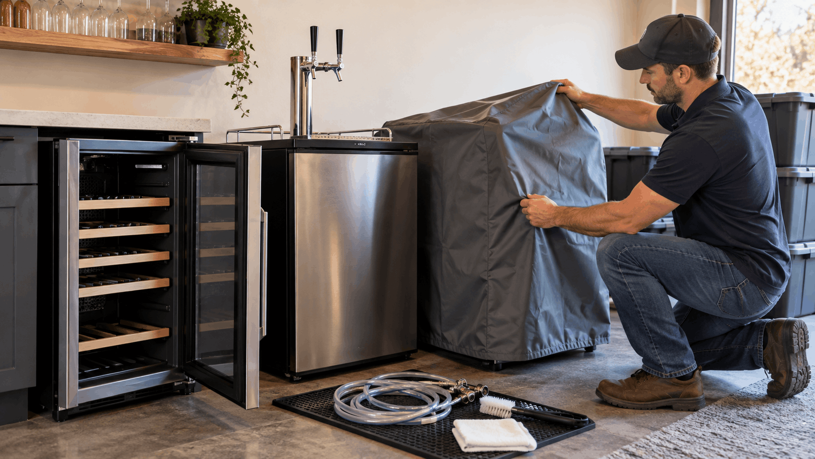 Man placing protective cover over kegerator beside open wine cooler during storage preparation