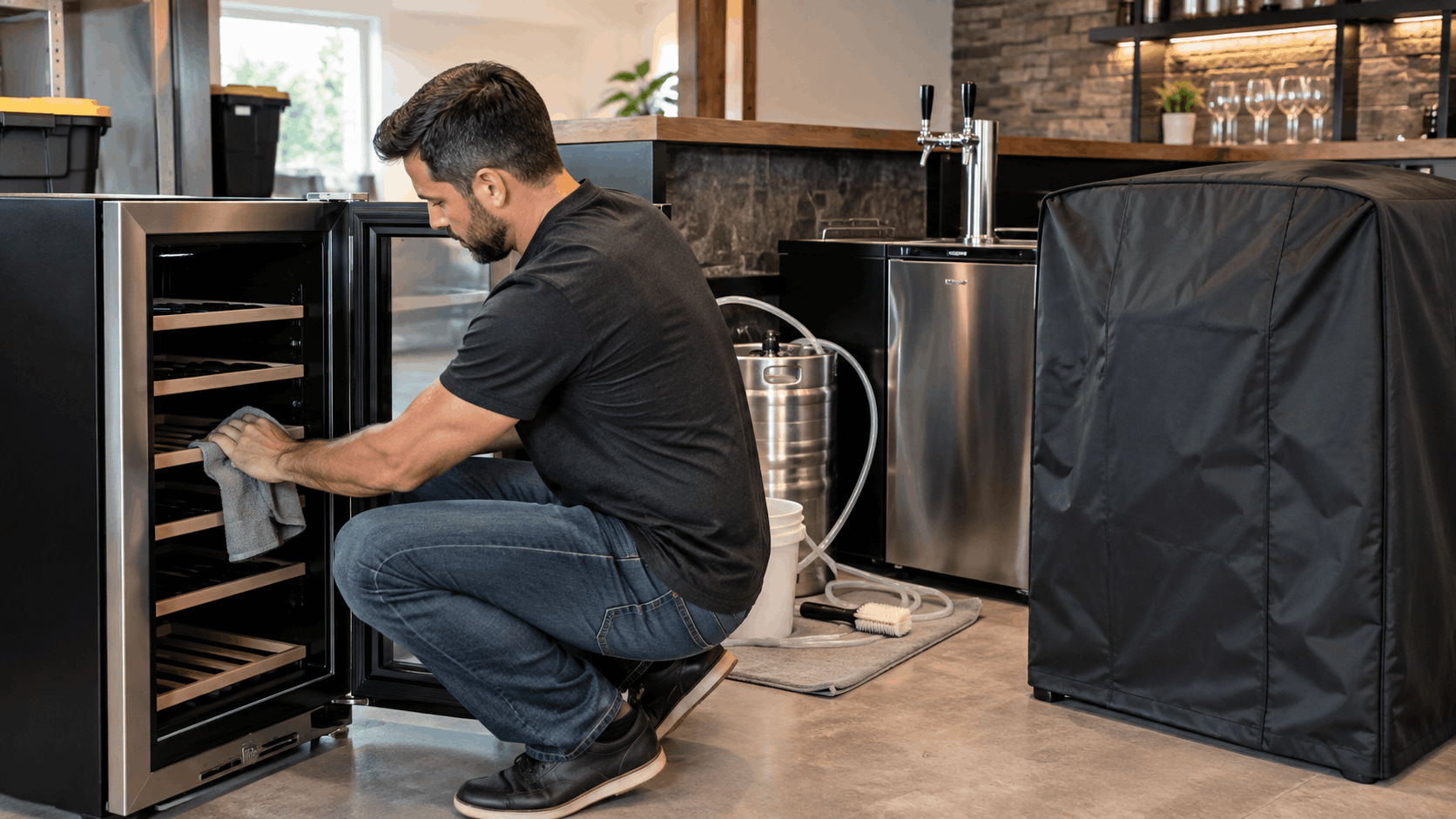 Man cleaning wine cooler shelves with cloth before storage in Los Angeles