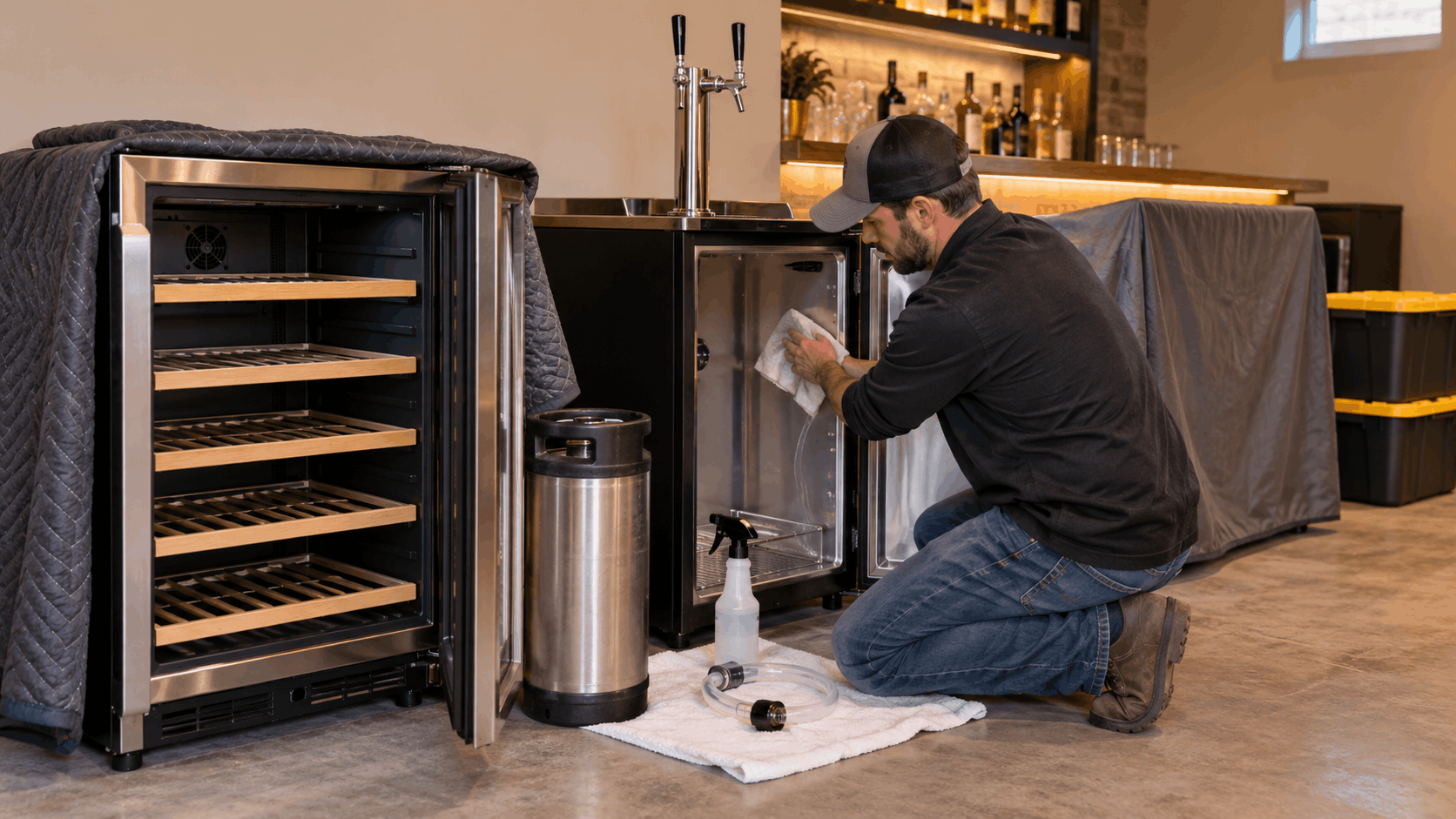 Man cleaning interior of kegerator beer tap system during home bar installation move