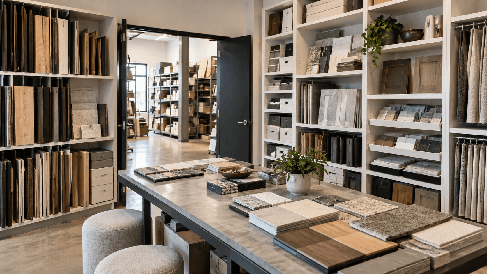Interior design showroom with material samples, shelving, and workstation table
