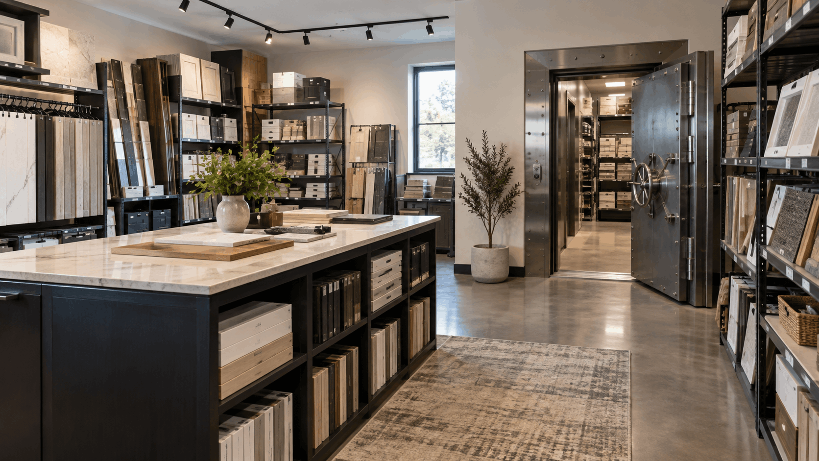 Interior design showroom with sample materials and open vault storage door
