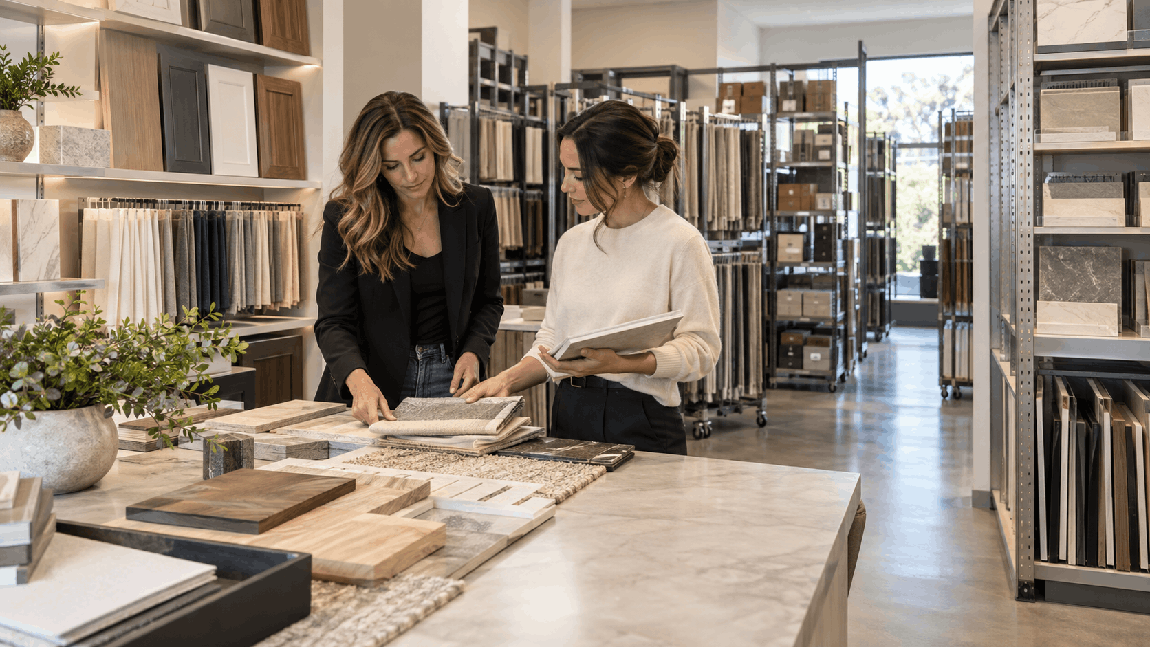 Two interior designers reviewing material samples and swatches at Los Angeles design showroom
